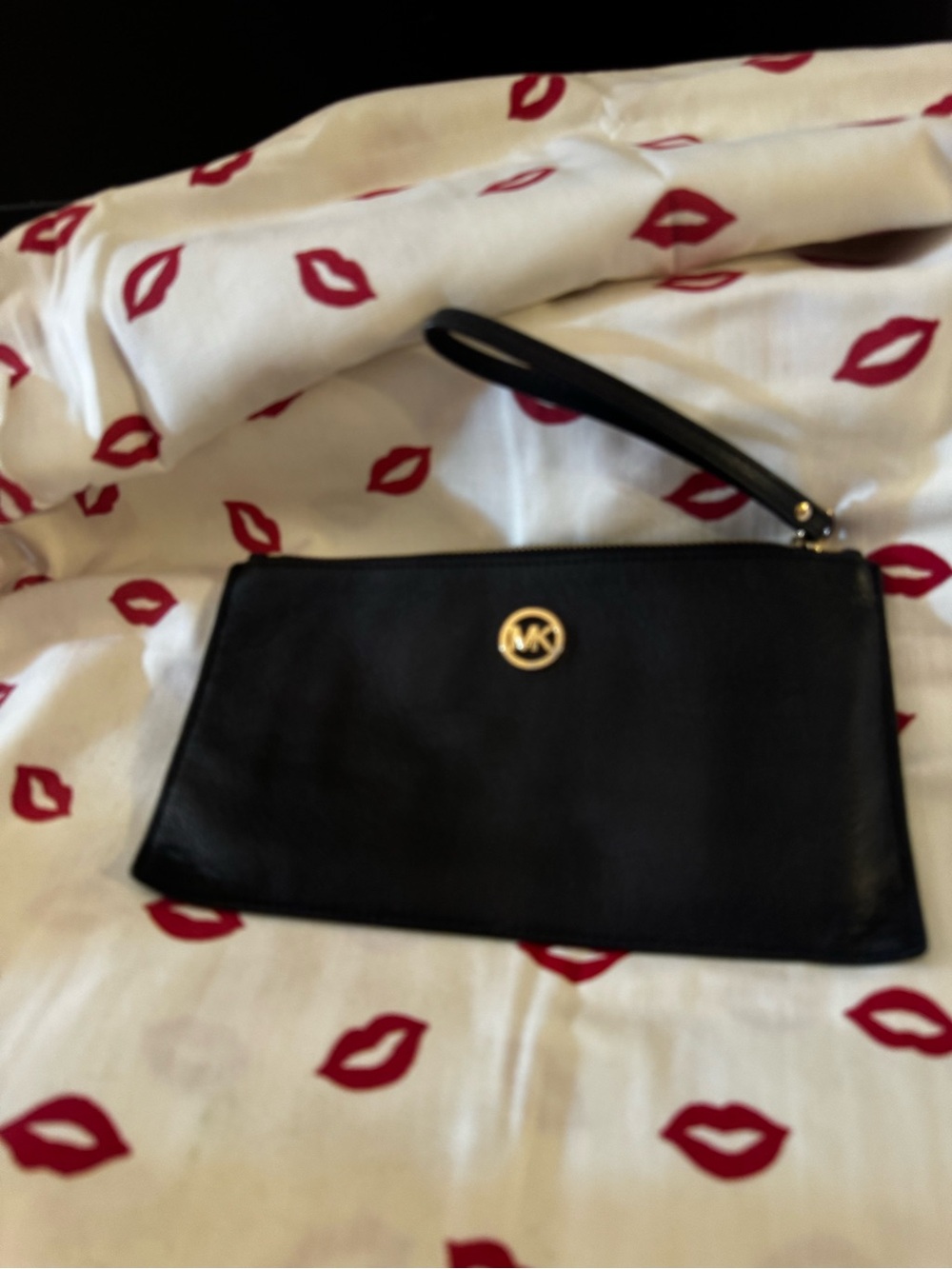 Michael Kors Fulton Black Leather Wristlet with Gold Logo